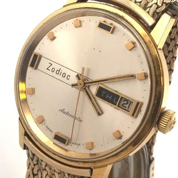 Zodiac 10KT Yellow Gold Filled Day Date Round Analog Mens Wrist Watch